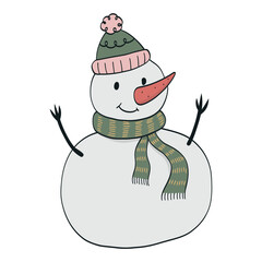 Hand drawn snowman doodle, cartoon character on white background for prints, cards, stickers, signs, nursery decor, kids apparel, etc. EPS 10