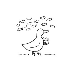 Duck carrying eggs with fish swimming above vector illustration drawing for kids and easter designs