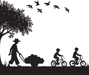 Silhouette of person with wheelbarrow and children on bicycles