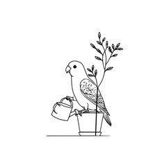 Line art illustration of a parrot with watering can and plant in pot vector graphic design element