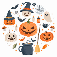A vibrant circular illustration featuring various Halloween-themed elements and decorations.
