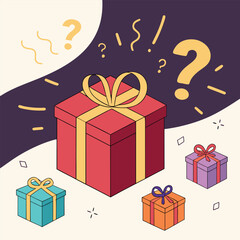 Colorful surprise gift boxes with ribbons and mystery question marks. Perfect festive illustration for birthday parties, celebrations, promotions, sales banners, and holiday designs.