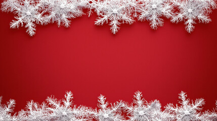 White Snowflake Border on Red Background with Empty Center Space for Text Overlay, Festive Christmas Winter Holiday Backdrop, Seasonal Greeting Card or Invitation Template