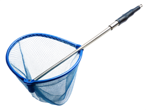 Blue Mesh Fishing Net with Dark Handle on Background fishing equipment angling isolated on a transparent background