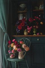 Bouquet of beautiful roses and dahlias