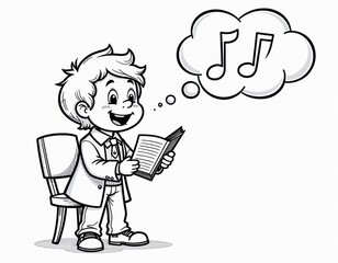 Happy Cartoon Boy Singing from a Book with Musical Notes Illustration