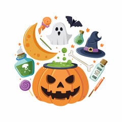 A vibrant collection of Halloween-themed illustrations including a jack-o'-lantern, ghost, witch's hat, potions, candy, and a crescent moon.