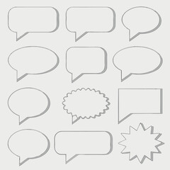 Obraz premium Collection of blank speech bubbles in various shapes, including oval, rectangle, starburst, and comic styles. Perfect for comics, cartoons, chat apps, dialogue boxes, and graphic design projects.