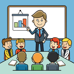 Modern business meeting and presentation concept with diverse professionals collaborating and sharing ideas