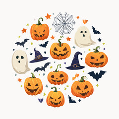 Halloween circle with pumpkins, ghosts, bats, hats, and spiderweb.