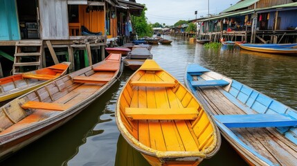 Obraz premium A scenic floating village in Samut Songkhram, wooden boats lined along the canal