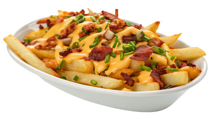 Loaded cheesy bacon fries with green onions in a bowl - perfect comfort food and tasty snack