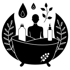 Black silhouette of person in bathtub with bath products and plants