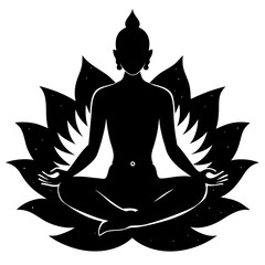 Black silhouette of person meditating in lotus pose on lotus flower