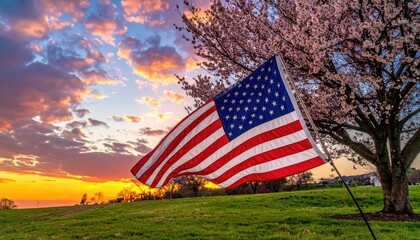 American flag waving at sunset, cherry blossom tree