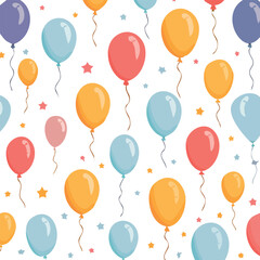 Colorful balloons of various sizes floating against a white backdrop, with star-shaped confetti.