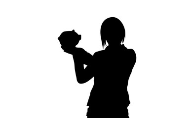 A stylized silhouette of a woman holding a piggy bank in front of her, set against a plain white background.