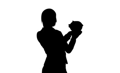 A simple silhouette of a woman holding a piggy bank against a plain white background.