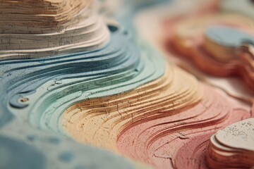Detailed close-up of a layered, paper relief sculpture, exhibiting a spectrum of pastel colors and undulating terrain.