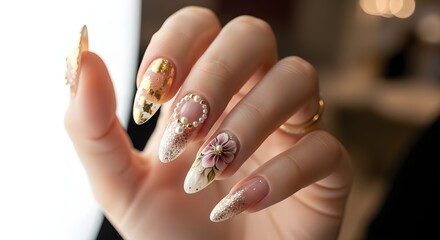 Elegant Floral Nail Art Design on Female Hand | Close Up Manicure Detail for Beauty Salon Advertising, Fashion Blogs, and Lifestyle Content