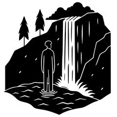 Person standing in water at base of waterfall with trees and clouds