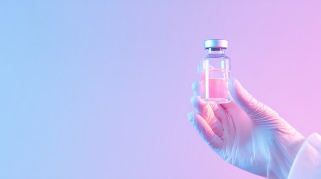 Hand in glove holding vaccine vial. Medical researcher showing vaccination solution. Future of medicine, pharmaceutical and biotechnology for immunization.