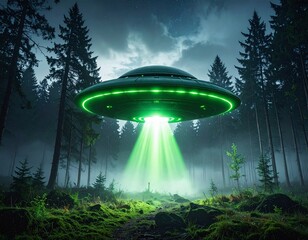 Flying Saucer Emitting Light Beam in Forest