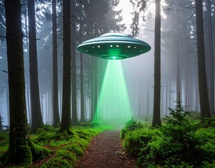 Flying Saucer Emitting Light Beam in Forest
