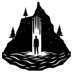Silhouette man stands at waterfall entrance in stylized landscape