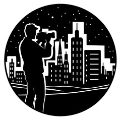 Silhouette of man filming city skyline at night camera