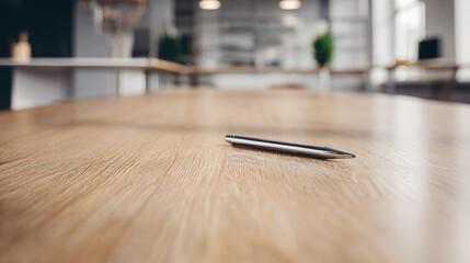 instrument. A single pen lying on a wooden desk with blurred background, professional workspace vibe. pitch deck slides, case study pages, designed for brand storytelling and e-commerce strategy.