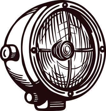 Hand drawn vintage round headlight illustration in engraved retro with detailed crosshatch shading