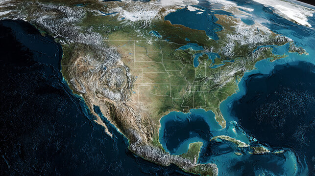 Satellite view of North America showing USA Mexico and Canada with state lines visible