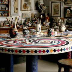 Swirls - Crimson paint lines on a blue atelier surface