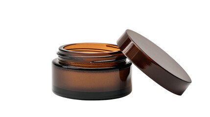 Open amber glass jar with lid for skincare beauty cream or cosmetic product packaging design