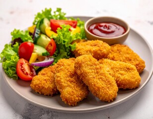 Fototapeta premium Knusprige, goldbraune Chicken Nuggets mit Salat
