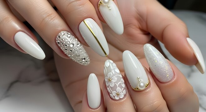 Elegant White Almond-Shaped Manicure with Pearls, Rhinestones, and Floral Design | Bridal Nail Art for Wedding, Beauty Salon Promotion, and Fashion Editorial