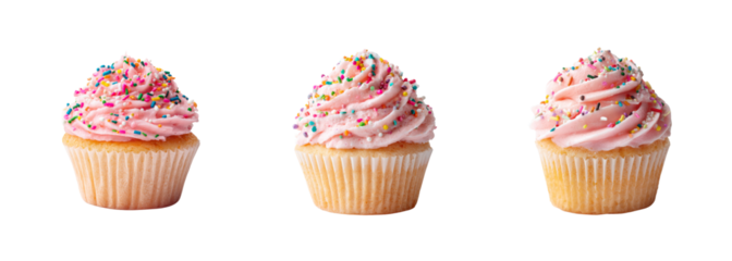 Three festive pink frosted cupcakes with rainbow sprinkles arranged in a row against a deep black background for a cheerful celebration PNG set Transparent backround
