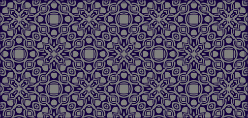 Dark purple seamless ornamental pattern with complex geometric floral elements, perfect for luxury and decorative backgrounds.