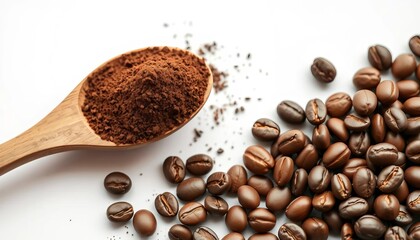 Wooden spoon brimming with dark instant coffee powder and glistening coffee beans on white,  coffee shop,  culinary