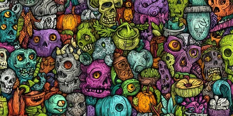 Fototapeta premium Vibrant Halloween-themed doodle pattern showcasing a multitude of fantastical creatures, including skulls, pumpkins, and monstrous figures.
