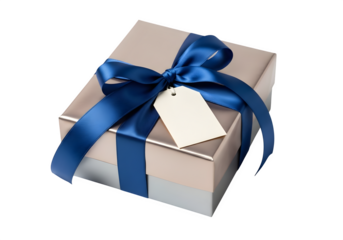 Elegant silver gift box tied with a blue satin ribbon and a blank tag, perfect for a special occasion isolated on transparent background