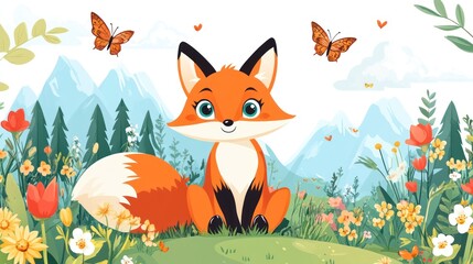 Cute fox in floral meadow