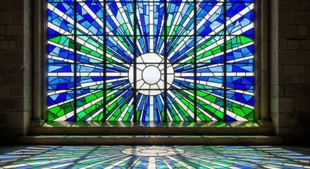 Vibrant Stained Glass Window with Sunburst Design.