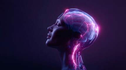 Female head with glowing brain and neural network. Artificial intelligence and futuristic technology concept for medicine.