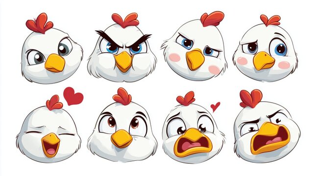 Chicken Face Emoji Set, Nine Expressive Cartoon Heads