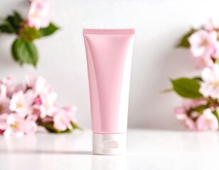 Pink tube of cream with cherry blossoms