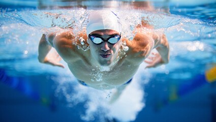 Underwater view of a determined swimmer in a competition pool