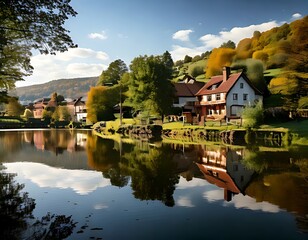 Obraz premium Peaceful village by a reflective lake at autumn