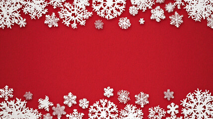 White Snowflake Border on Red Background with Empty Center Space for Text Overlay, Festive Christmas Winter Holiday Backdrop, Seasonal Greeting Card or Invitation Template